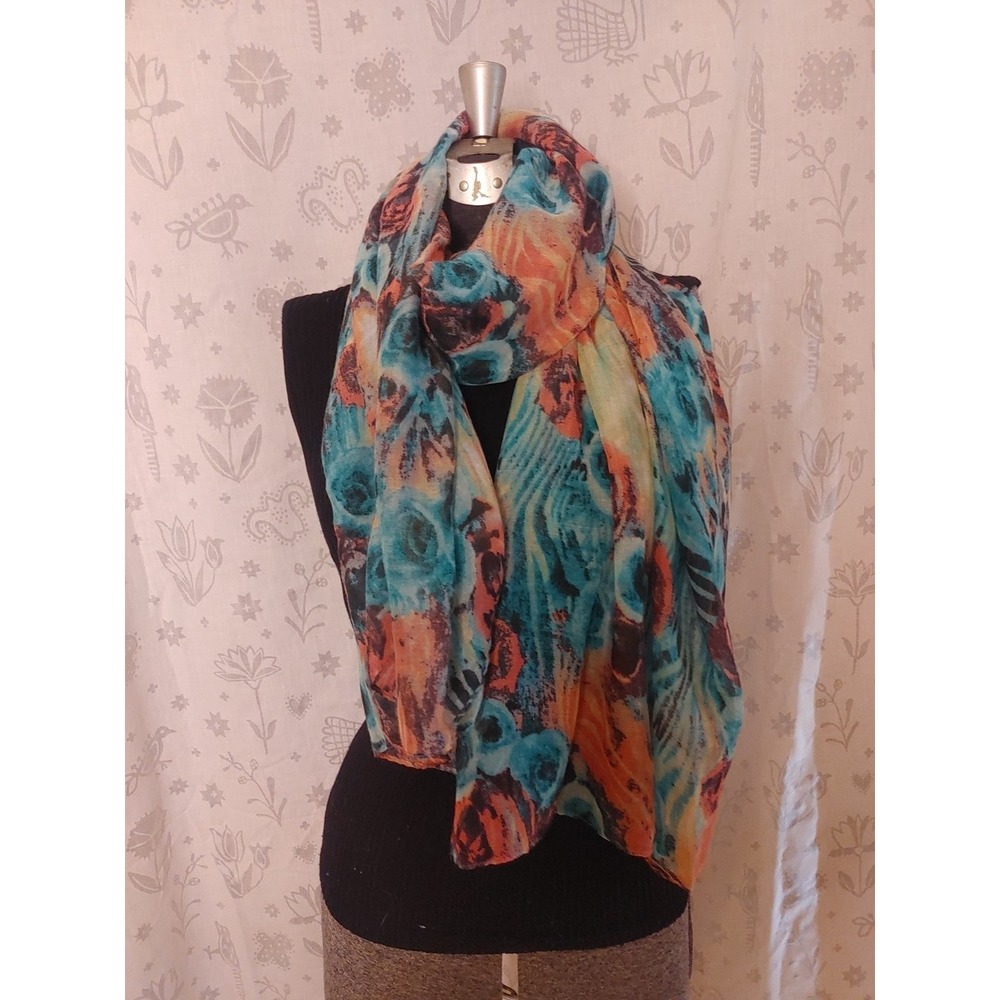 Rectangle Scarf Floral Art‎ Aqua Blue Pink Olive Wrap Sarong Beach Flowers - Picture 2 of 3